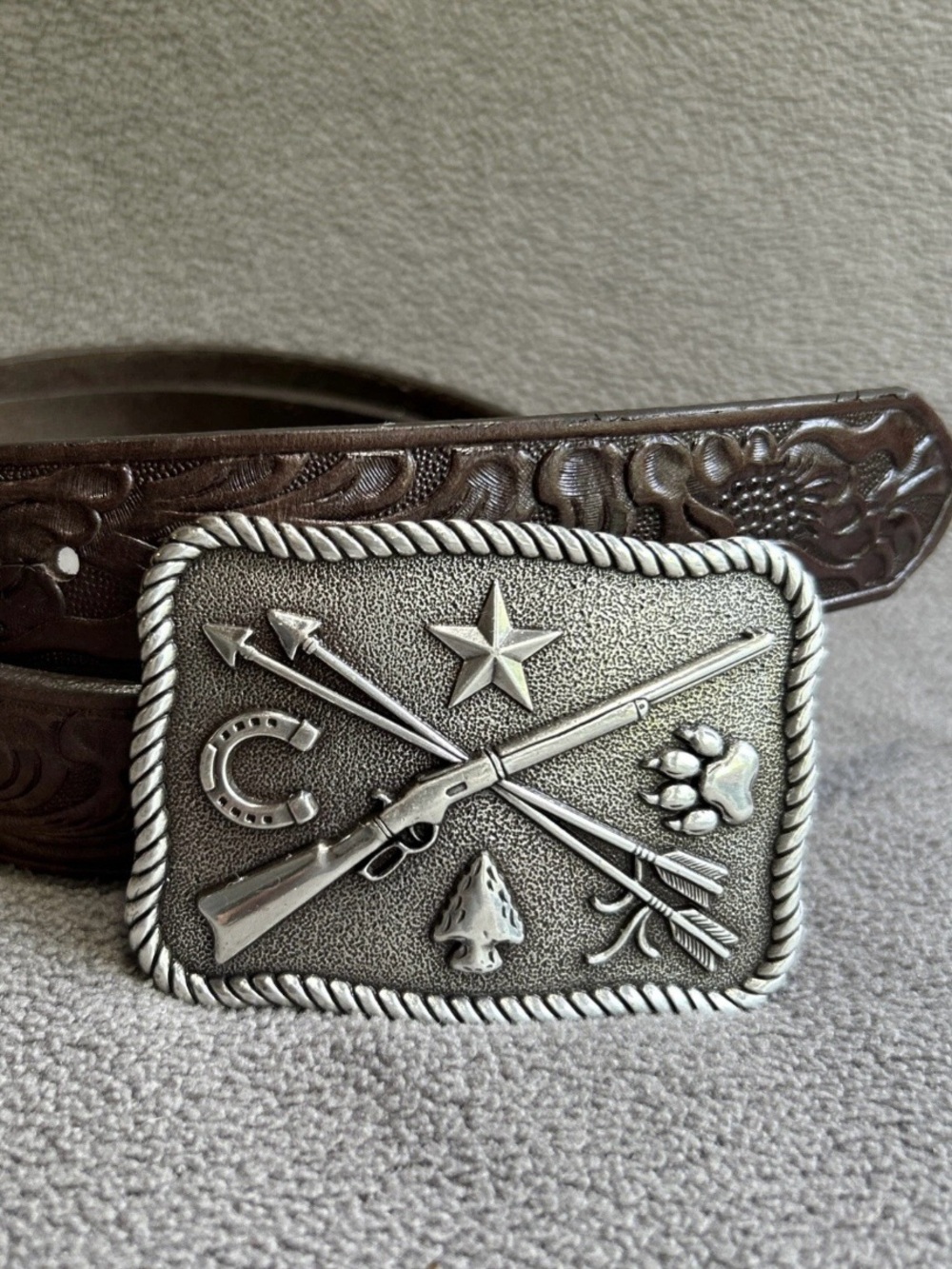 Tony Lama Kid’s Cowboys & Indians Belt Dark Brown Tooled Leather & Buckle 28